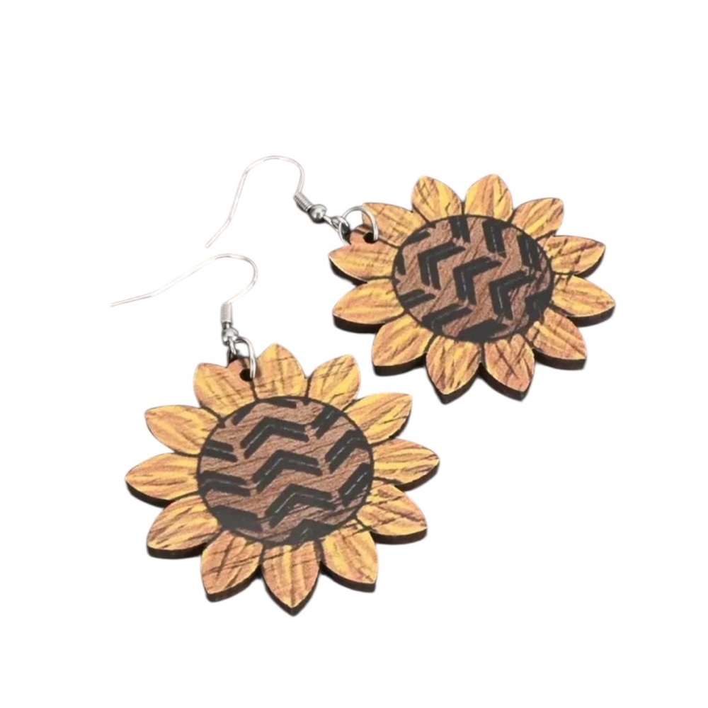Wooden Sunflower Dangle Earrings